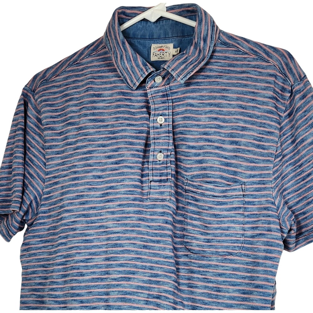 Faherty Brand Mens Indigo Dyed Striped Knit Polo Shirt Blue Pink   Medium M Top
